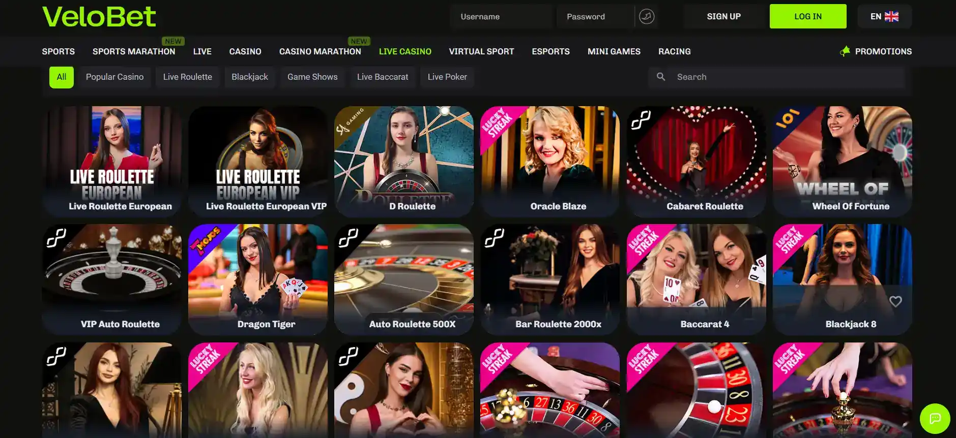 Current Velobet live casino lobby with dealer categories
