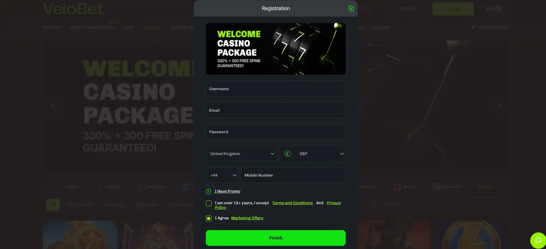 Velobet registration form with account and currency fields