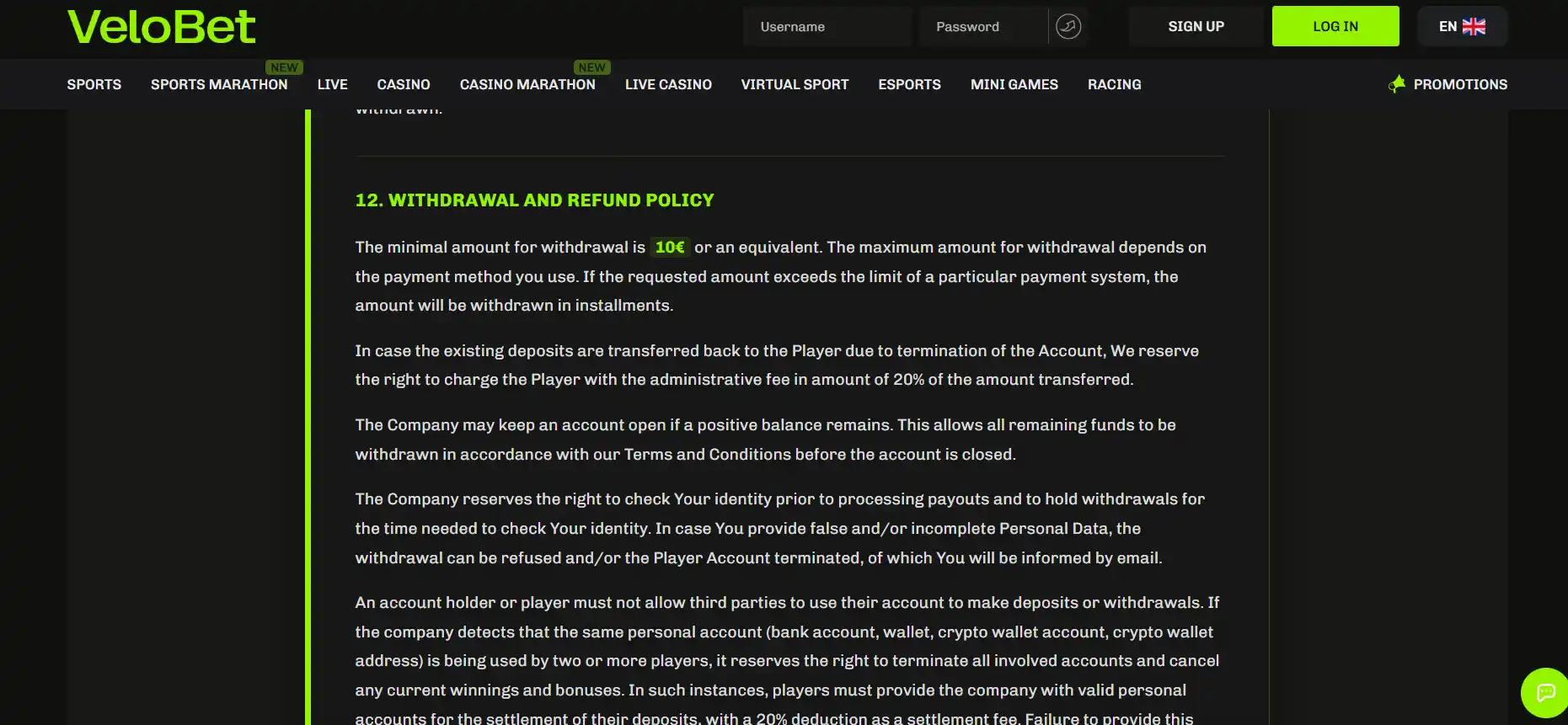 Velobet withdrawal screen showing current payout options