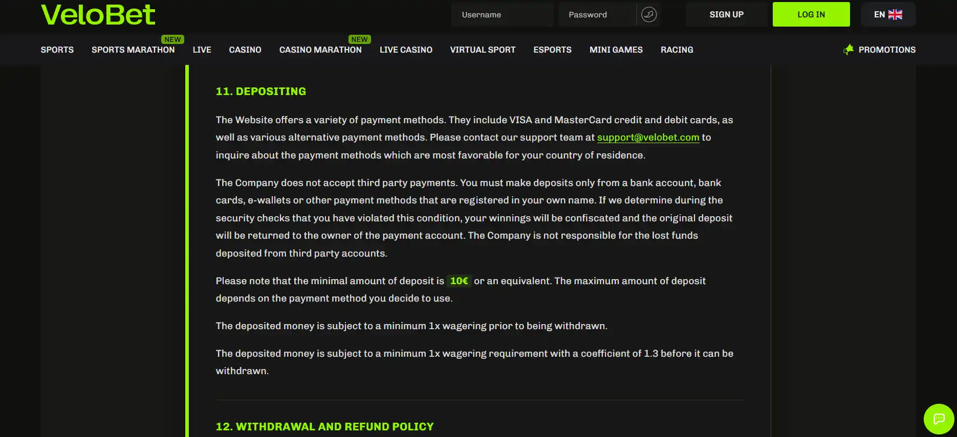 Velobet deposit screen showing current account funding options