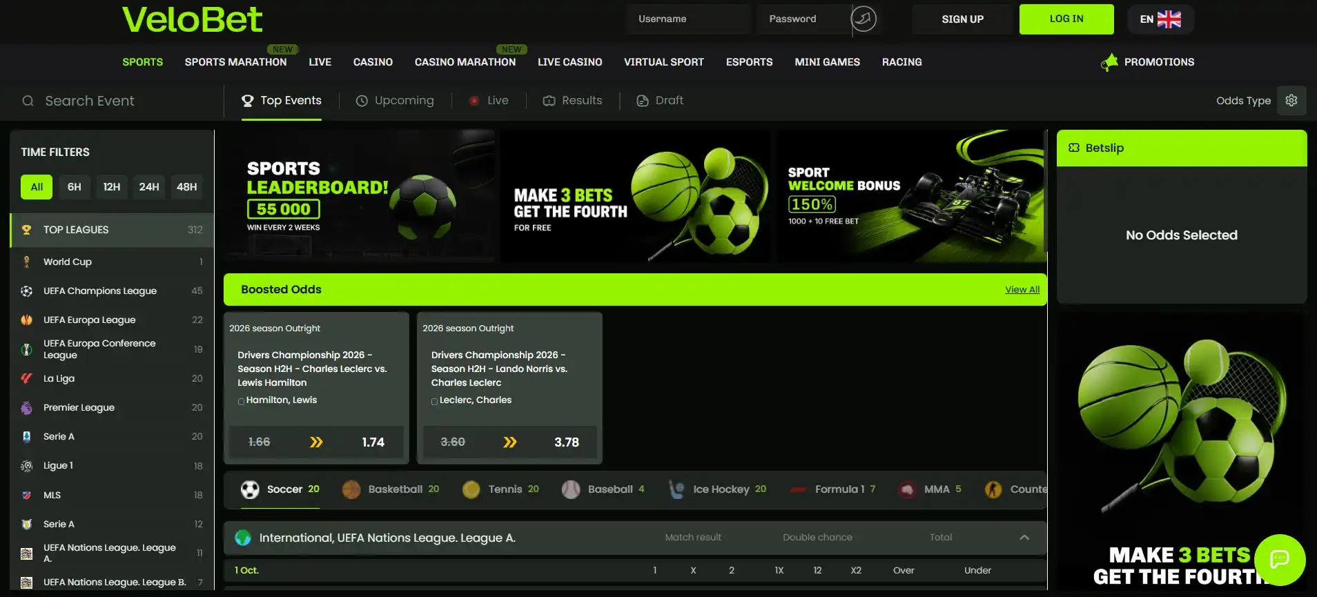 Current Velobet sportsbook interface showing sports betting markets