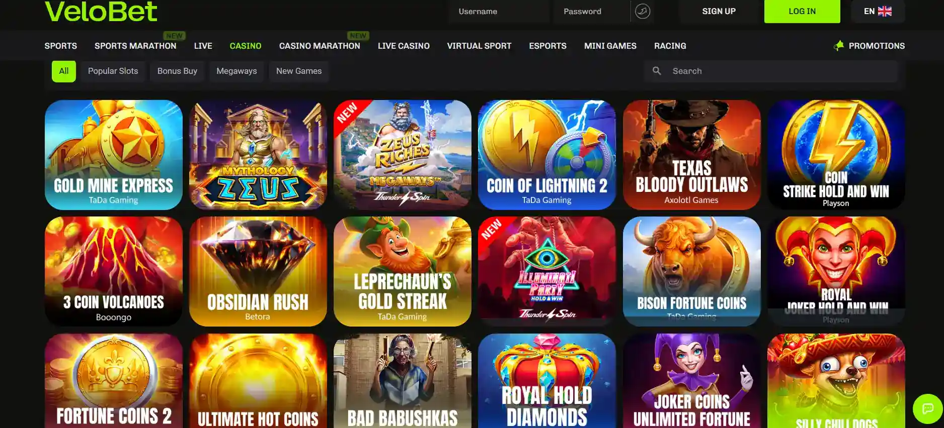Current Velobet casino game lobby