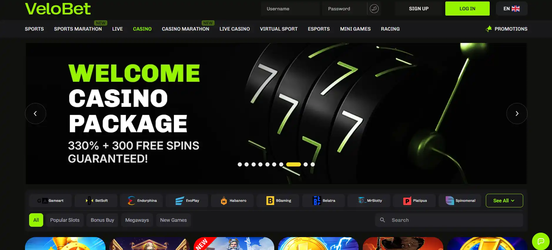 Current Velobet welcome promotion page
